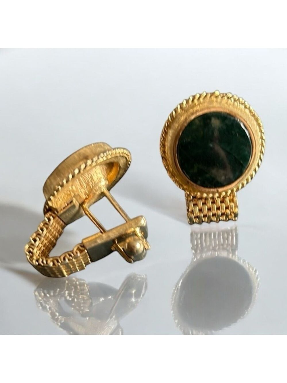 Vintage Cufflinks 1960's Gold Tone Mesh Link with Green Stone